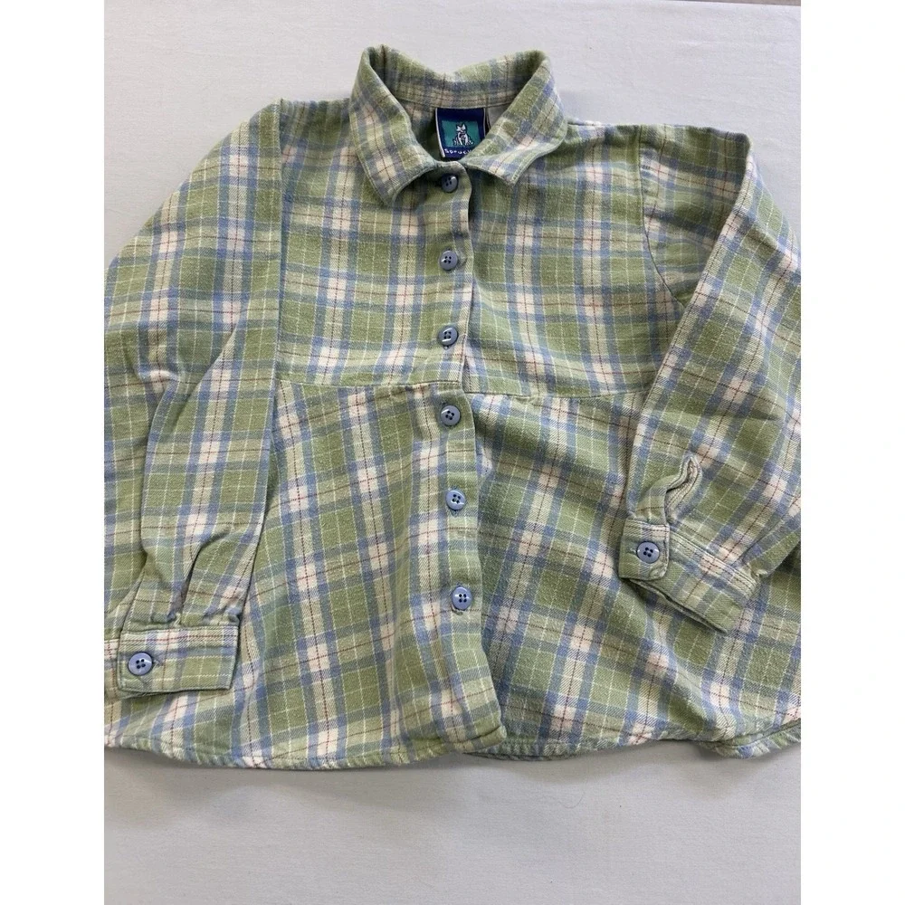 Vintage 90s Spruckets Kids Plaid Flannel Shirt Green Blue Button Front Size 4T
